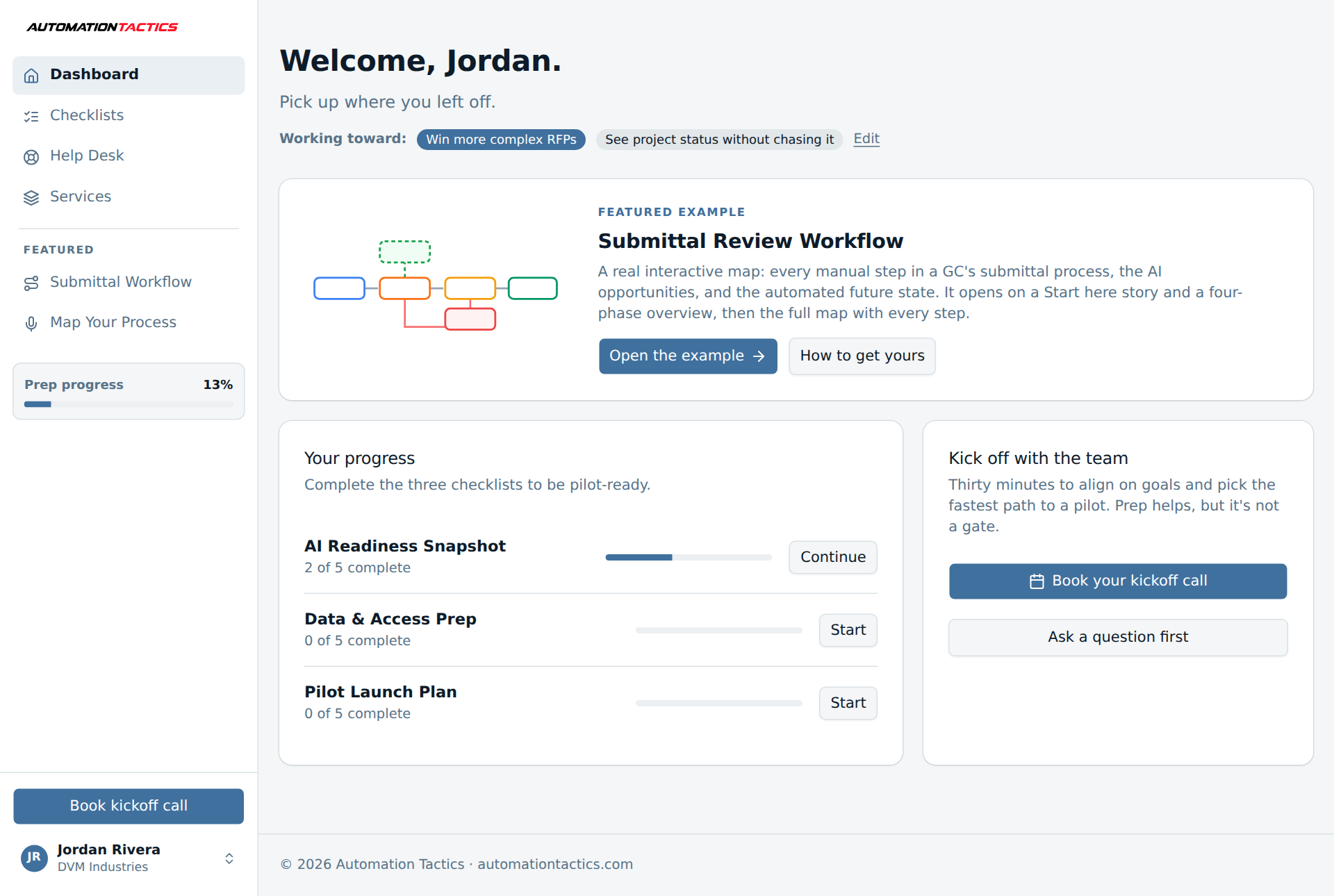 The workbench dashboard with the featured example and checklist progress